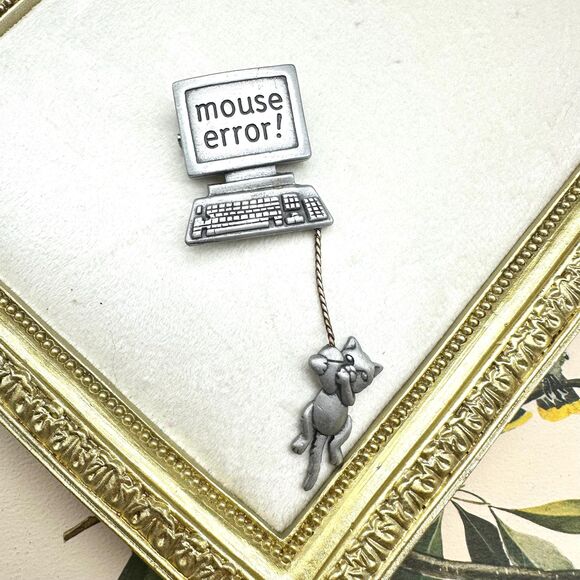 Vintage JJ Mouse Error Brooch Pin Computer Mouse Silver Tone - Picture 1 of 2